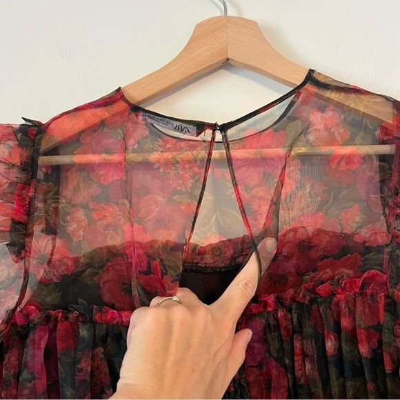 Zara Floral Sheer Organza Cropped Top Size Medium Whimsical Fairy Puff Sleeves - Picture 8 of 9
